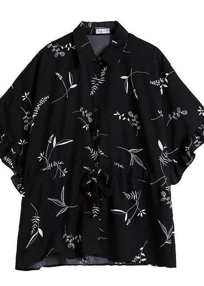 Italian Green Prints Chiffon Clothes for Drawstring Loose Summer Top