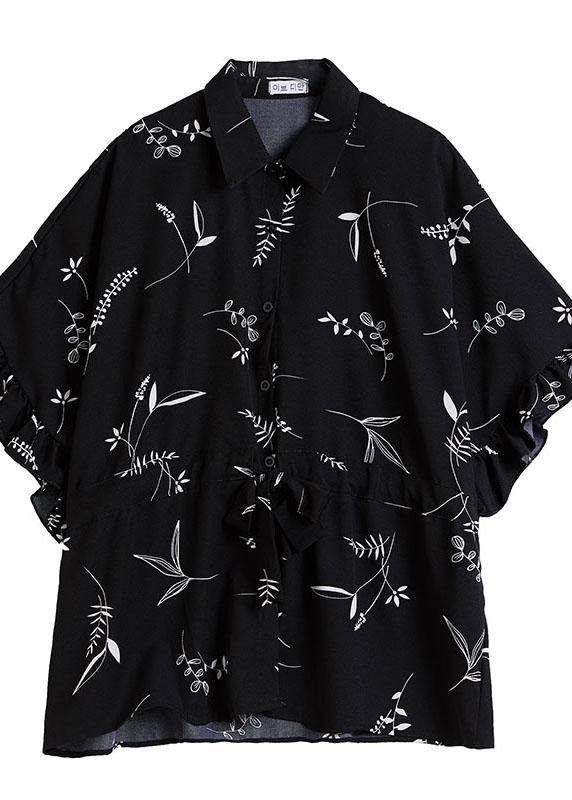Italian Green Prints Chiffon Clothes for Drawstring Loose Summer Top