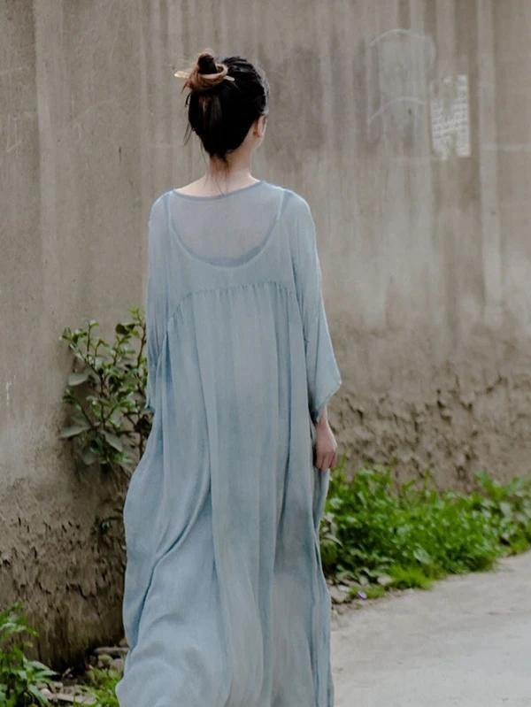 Italian Green Quilting Dresses O Neck Large Hem Traveling Dresses