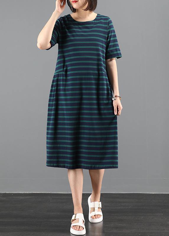 Italian Green Striped Outfit O Neck Cinched a Line Summer Dresses