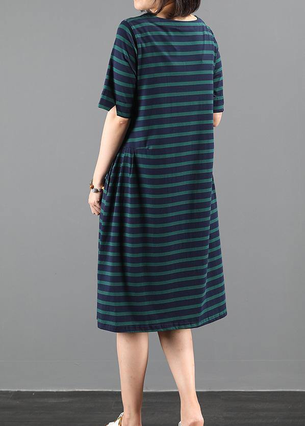 Italian Green Striped Outfit O Neck Cinched a Line Summer Dresses