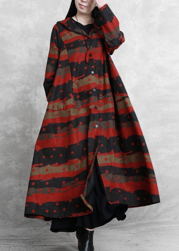 Italian Hooded Button Down Fine Clothes for Red Print Daily Coats