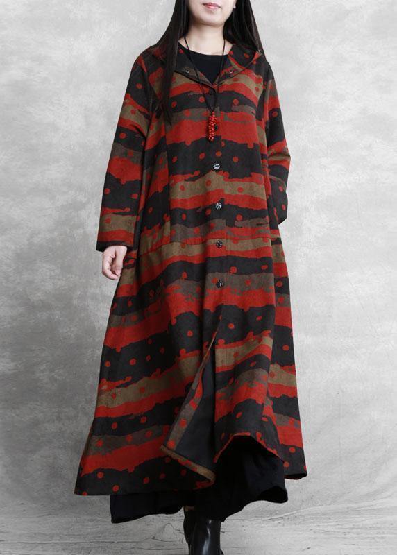 Italian Hooded Button Down Fine Clothes for Red Print Daily Coats