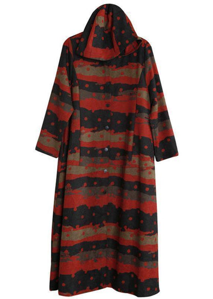 Italian Hooded Button Down Fine Clothes for Red Print Daily Coats