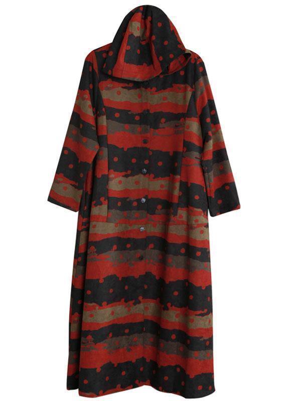Italian Hooded Button Down Fine Clothes for Red Print Daily Coats