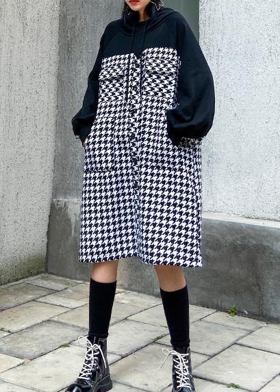 Italian Hooded Cotton Plaid Tunic Dress Inspiration Black Cotton Robes Dresses