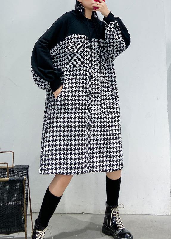Italian Hooded Cotton Plaid Tunic Dress Inspiration Black Cotton Robes Dresses