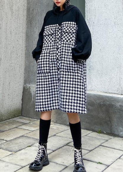 Italian Hooded Cotton Plaid Tunic Dress Inspiration Black Cotton Robes Dresses