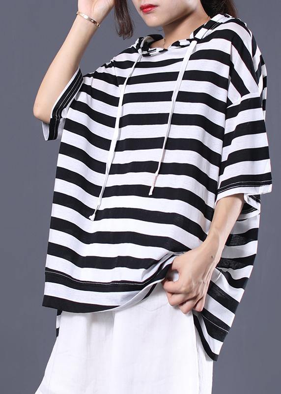 Italian Hooded Cotton Top Silhouette Outfits Black White Striped Shirt Summer