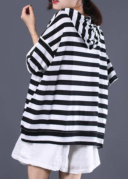Italian Hooded Cotton Top Silhouette Outfits Black White Striped Shirt Summer