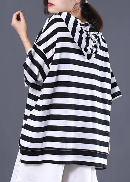 Italian Hooded Cotton Top Silhouette Outfits Black White Striped Shirt Summer