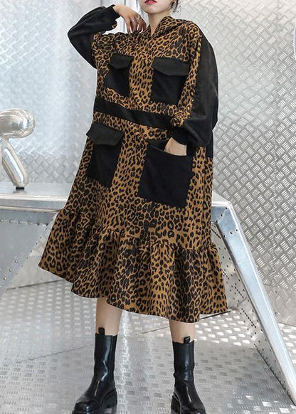 Italian Hooded Pockets Clothes for Neckline Leopard Dresses