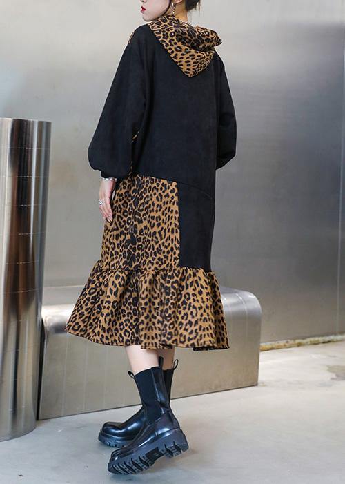 Italian Hooded Pockets Clothes for Neckline Leopard Dresses