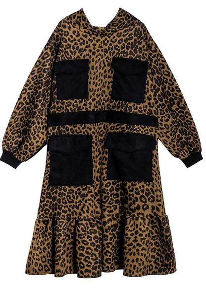 Italian Hooded Pockets Clothes for Neckline Leopard Dresses