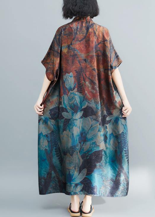 Italian Khaki Print Tunic Stand Collar Long Summer Dresses