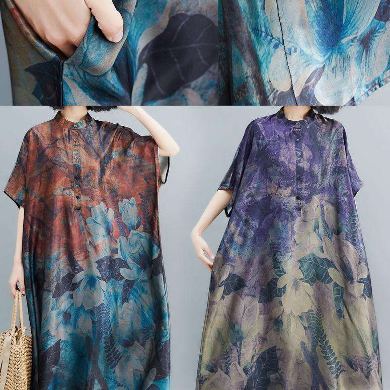 Italian Khaki Print Tunic Stand Collar Long Summer Dresses