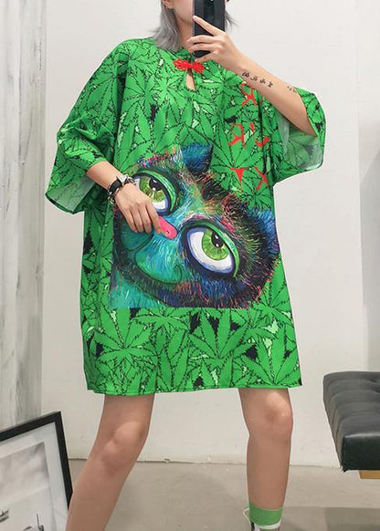 Italian Lapel Half Sleeve Cotton Clothes Runway Green Print Dress Summer