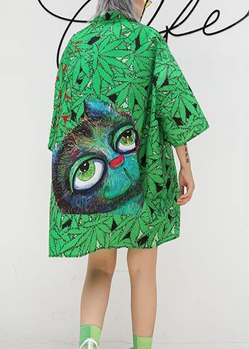 Italian Lapel Half Sleeve Cotton Clothes Runway Green Print Dress Summer