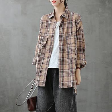 Italian Lapel Pockets Crane Tops Sewing Khaki Plaid Blouses
