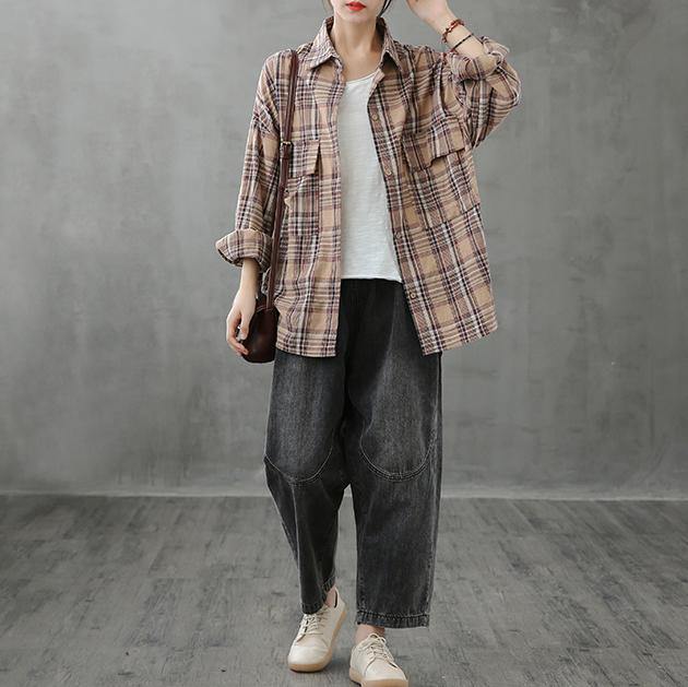 Italian Lapel Pockets Crane Tops Sewing Khaki Plaid Blouses