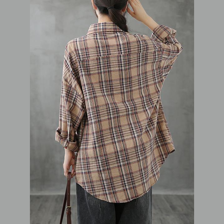 Italian Lapel Pockets Crane Tops Sewing Khaki Plaid Blouses
