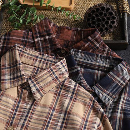 Italian Lapel Pockets Crane Tops Sewing Khaki Plaid Blouses