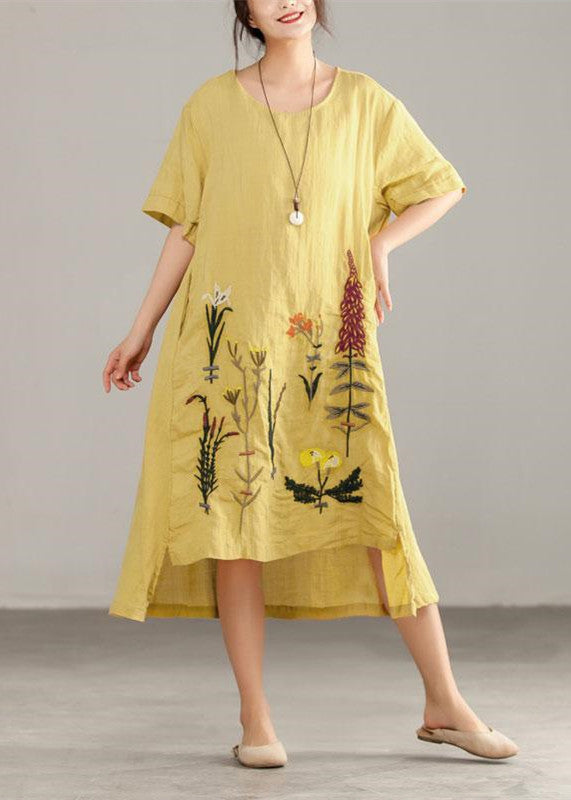 Italian Linen Cotton Dresses Printing Irregular Short Sleeve Yellow Dress