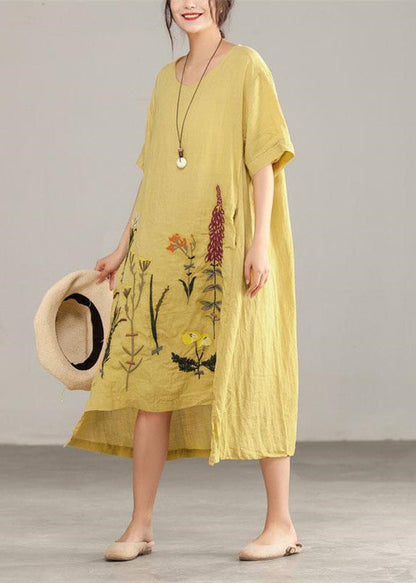 Italian Linen Cotton Dresses Printing Irregular Short Sleeve Yellow Dress