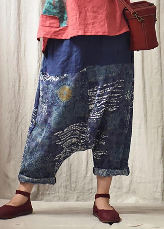 Italian Linen Trousers Printed Low Crotch Harem Pants