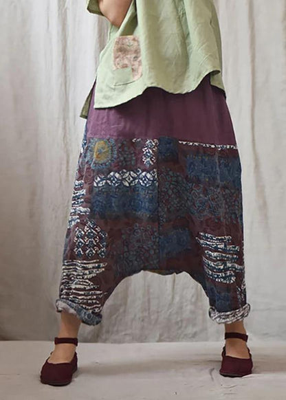 Italian Linen Trousers Printed Low Crotch Harem Pants