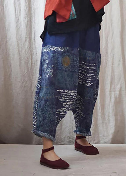 Italian Linen Trousers Printed Low Crotch Harem Pants