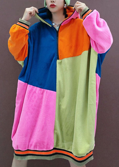 Italian Multi Hooded Pockets Patchwork Pullover Sweatshirt Dresses Spring