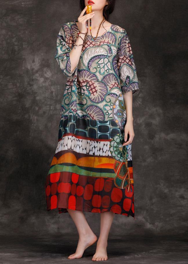 Italian Multicolor Linen Clothes O Neck Pockets Kaftan Summer Dress