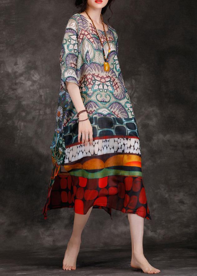 Italian Multicolor Linen Clothes O Neck Pockets Kaftan Summer Dress