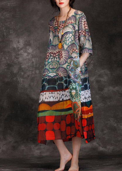 Italian Multicolor Linen Clothes O Neck Pockets Kaftan Summer Dress