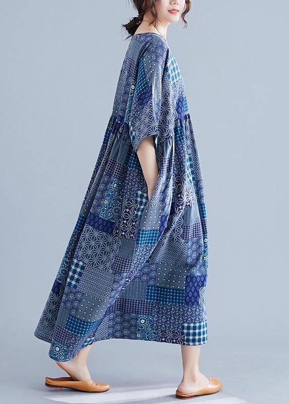 Italian Navy Plaid Linen Cotton Clothes for O Neck Cinched Cotton Dress