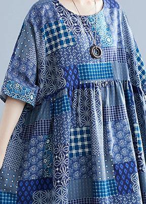 Italian Navy Plaid Linen Cotton Clothes for O Neck Cinched Cotton Dress