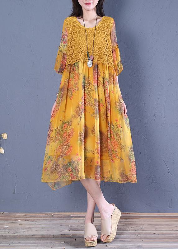 Italian O Neck Butterfly Sleeve Cotton Fabrics Yellow Print Dress