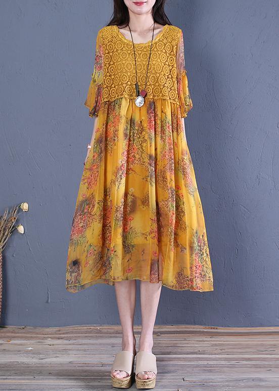 Italian O Neck Butterfly Sleeve Cotton Fabrics Yellow Print Dress
