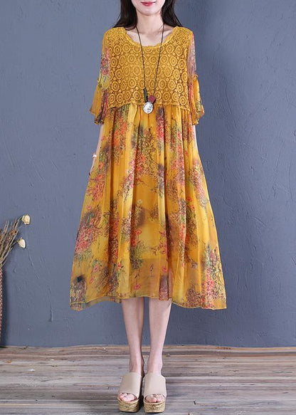 Italian O Neck Butterfly Sleeve Cotton Fabrics Yellow Print Dress