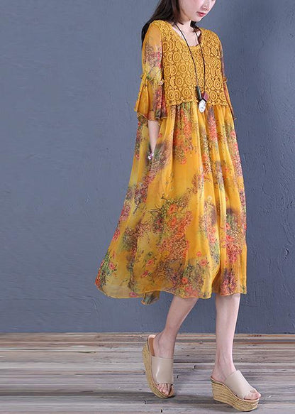 Italian O Neck Butterfly Sleeve Cotton Fabrics Yellow Print Dress