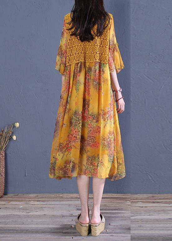 Italian O Neck Butterfly Sleeve Cotton Fabrics Yellow Print Dress