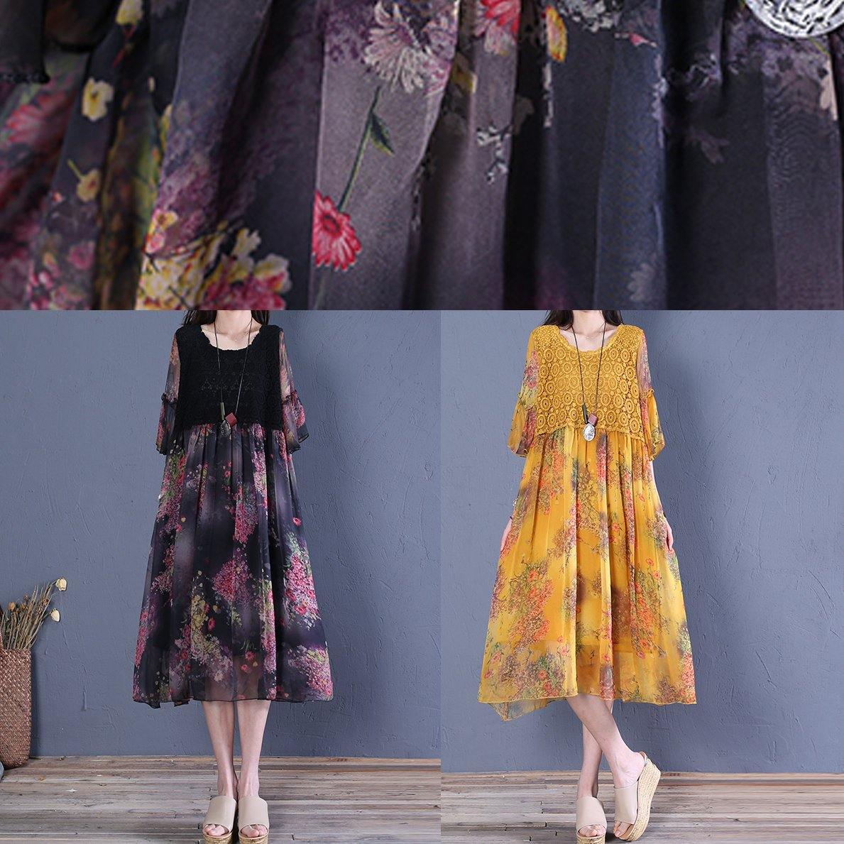 Italian O Neck Butterfly Sleeve Cotton Fabrics Yellow Print Dress