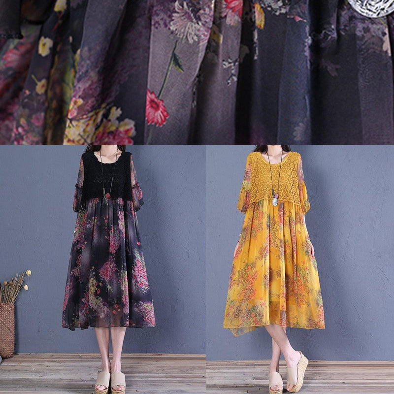 Italian O Neck Butterfly Sleeve Cotton Fabrics Yellow Print Dress