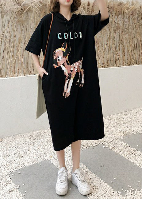 Italian O Neck Half Sleeve Cotton Tunics Fitted Fabrics Black Print Robe Dresses Summer