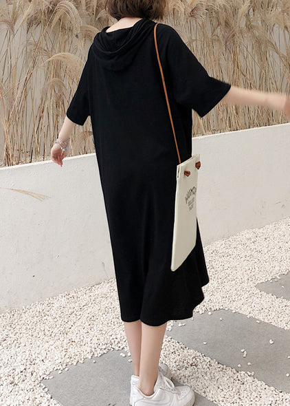 Italian O Neck Half Sleeve Cotton Tunics Fitted Fabrics Black Print Robe Dresses Summer