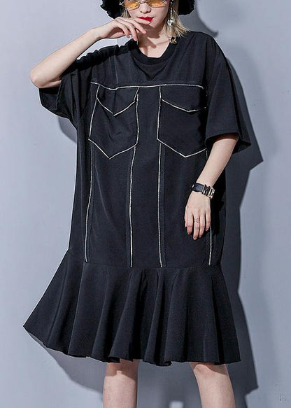 Italian O Neck Ruffles Silk Cotton Dresses Wardrobes Black Baggy Dress Summer
