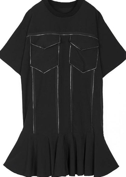 Italian O Neck Ruffles Silk Cotton Dresses Wardrobes Black Baggy Dress Summer