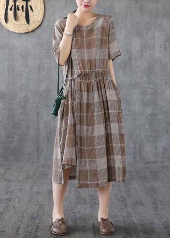 Italian O Neck Asymmetric Cotton Dresses Catwalk Khaki Plaid Dresses