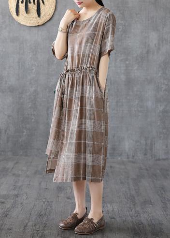 Italian O Neck Asymmetric Cotton Dresses Catwalk Khaki Plaid Dresses